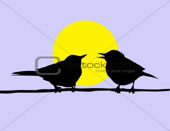 vector drawing two birds sitting on branch on background sun