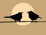 vector  silhouette two birds on background sun