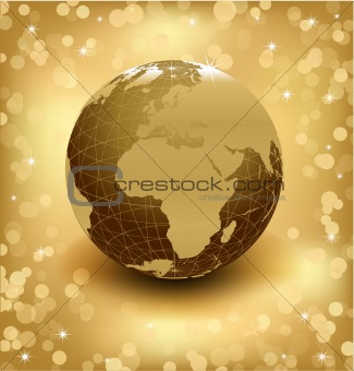 3d earth on abstract gold background. Vector