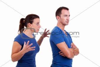 woman arguing with a man, isolated on white, studio shot