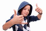 boy with his hands rise up as a sign of everything cool, isolated on white background
