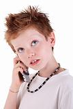 cute boy on the phone,looking up,  isolated on white background, studio session
