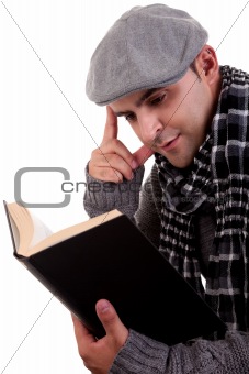 man reading a book, isolated on white, studio shot.
