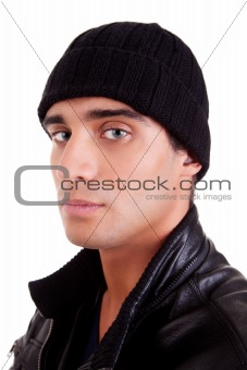 unhappy boy with a hood; isolated on white background. studio shot