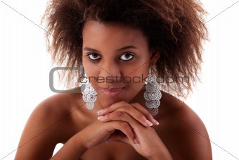 beautiful black  woman, smiling, isolated on white background. Studio shot