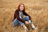 Beautiful red-haired girl sitting at yellow autumn grass.