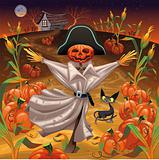 Scarecrow with pumpkins.