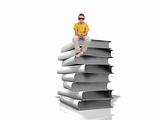 Boy sit on top of pile of white books over white background