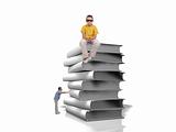 Boy push pile of white books over white background