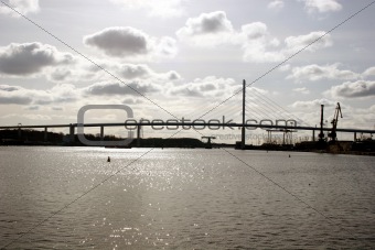 German city Stralsund with bridge Rügenbrücke and Baltic sea