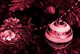 Christmas ornaments on tree.