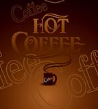 Cup of hot coffee. Seamless brown background