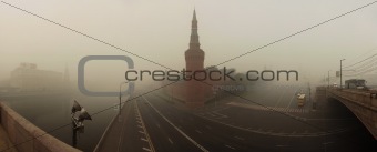 Smog in Moscow, Russia. Panorama of Kremlin. Moscow-River and Bridge.