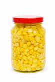 Sweet corn in glass jar isolated on white