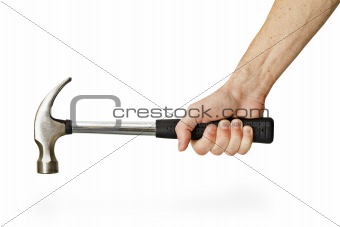 Hand holding hammer isolated on white background