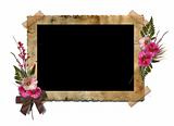 The frame is decorated with a bouquet of flowers hollyhocks.