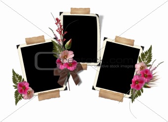 The frame is decorated with a bouquet of flowers hollyhocks. 