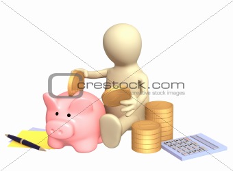 Puppet, piggy bank and calculator