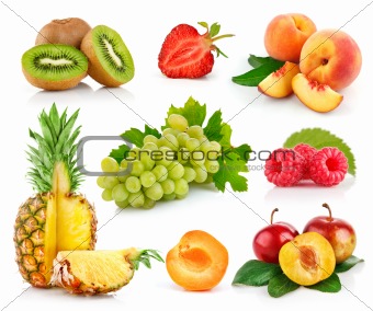 set fresh fruits with green leaves