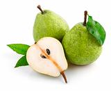 fresh pear fruits with cut and green leaves