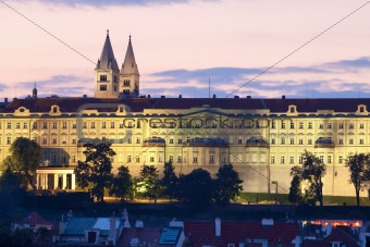 czech republic prague -partial view of illuminated hradcany castle at dusk 