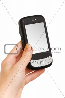 Hands working on a smartphone isolated on white