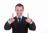 Young businessman with thumb raised as a sign of success, isolated on white background. studio shot
