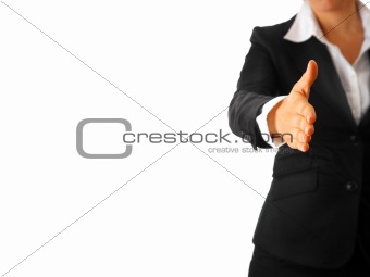 modern business woman stretches out hand for handshake
