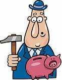 Man with hammer and piggy bank