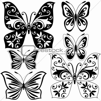 Set black and white butterflies 