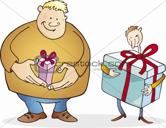 Big man with small gift and thin guy with huge one
