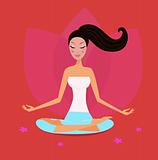 Yoga girl in lotus position isolated on red background