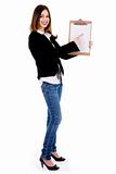 Business woman pointing on a blank clip board