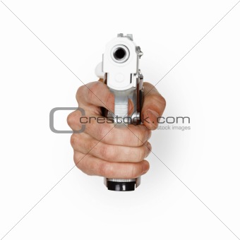 Hand aiming a pistol