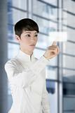 futuristic businesswoman office finger touch pad