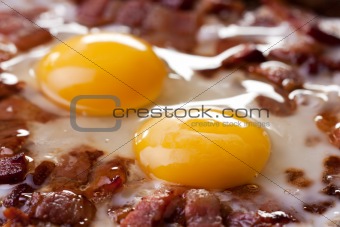 closeup of two eggs and bacon in a pan