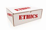 White Box with the Word Ethics on the Sides Isolated on a White Background.