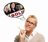 Beautiful Woman with Thought Bubbles of a Real Estate Agent Handing Over Keys to a New Home.