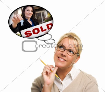 Beautiful Woman with Thought Bubbles of a Real Estate Agent Handing Over Keys to a New Home.