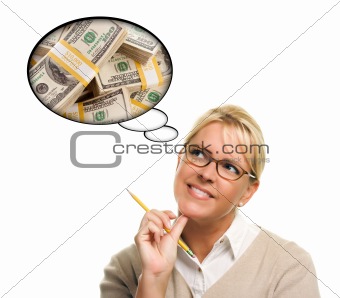 Woman with Thought Bubbles of a Stack of Money Isolated on a White Background.