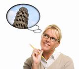 Woman with Thought Bubbles of Travelling to Europe Isolated on a White Background.