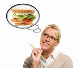 Hungry Woman with Thought Bubbles of Big, Fresh Sandwich Isolated on a White Background.