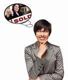 Beautiful Multiethnic Woman with Thought Bubbles of Real Estate Agent Holding Sold Sign Handing Over Keys Isolated on a White Background.