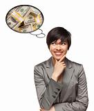 Beautiful Multiethnic Woman with Thought Bubbles of Money Stacks Isolated on a White Background.