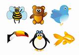 set of animals - bee, bear, bird, toucan, penguin and fish