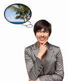Beautiful Multiethnic Woman with Thought Bubbles of a Tropical Place Isolated on a White Background.