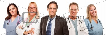 Businessman with Doctors and Nurses Behind Isolated on a White Background.