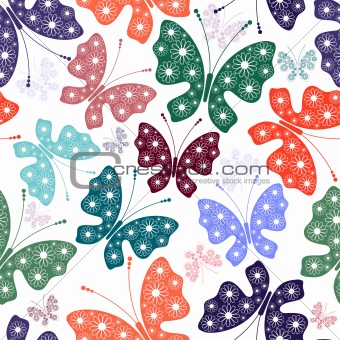 Seamless white floral pattern with butterflies 