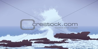large Pacific Ocean wave crashing into rocks