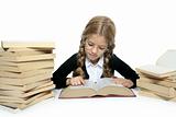 little blond student school girl reading old book